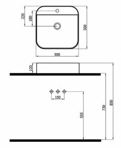 Nadgradni lavabo LOFT 515050BT - dimenzije  » Kliknite za uvecanje ->